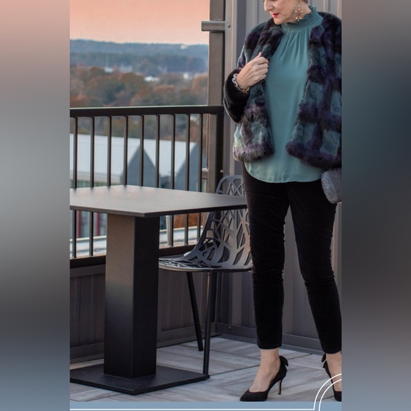 NWOT ANN TAYLOR Petite X-Large  Plaid Plush Faux Fur Jacket/Coat, Navy Multi - Picture 2 of 8